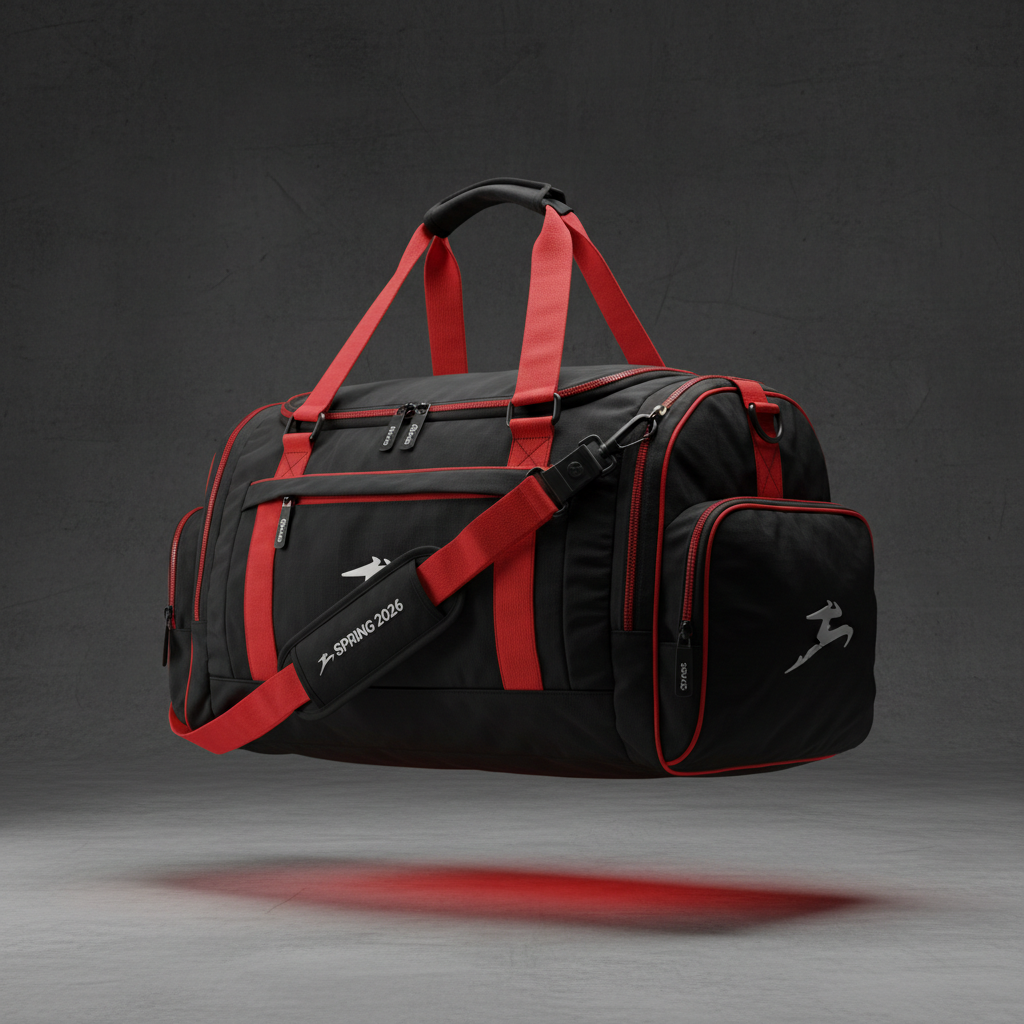 Recharge Duffel - black high-capacity gym bag with red accents and branded hardware, Spring 2026