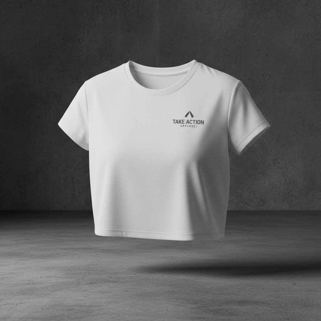 Free Flow Cropped Tee - white lightweight cropped athletic tee with Take Action Apparel logo, Spring 2026