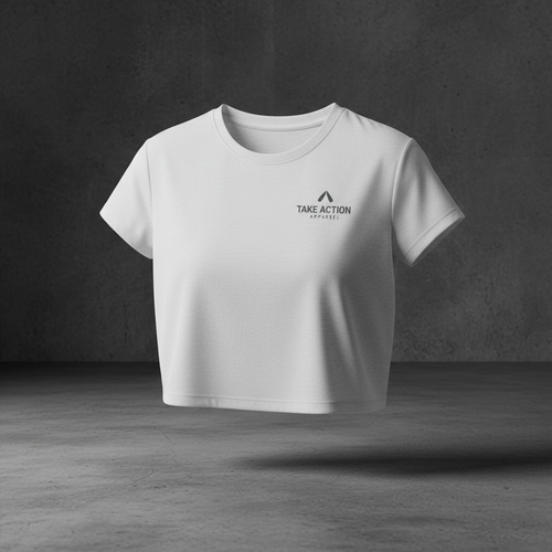 Free Flow Cropped Tee - white lightweight cropped athletic tee with Take Action Apparel logo, Spring 2026